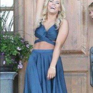 LeFemme navy blue two piece prom dress
